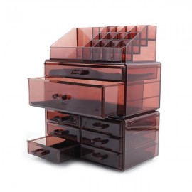 [US-W]3Pcs / Set Plastic Cosmetics Storage Rack 6 Small & 2 Large Drawers Clear Brown