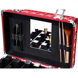 Makeup Train Case with 24 compartments Nail polish storage and 1 Drawer Professional Organizer Beauty Vanity Makeup Case with Mirror Portable Cosmetic Holder Red