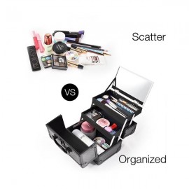 [US-W]9" Makeup Case Portable Cosmetic Storage Box with Mirror & Trays for Home Bathroom and Travel Black