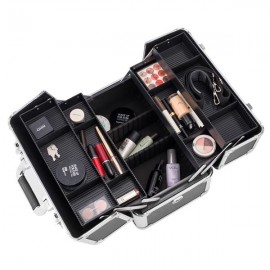 [US-W]Makeup Train Case Professional 14.4" x 8.7" x 9.8" Large Make Up Artist Organizer Kit Shoulder Bag With Adjustable Dividers Key Lock Cosmetic Studio Box Designed To Fit All Cosmetics Blac