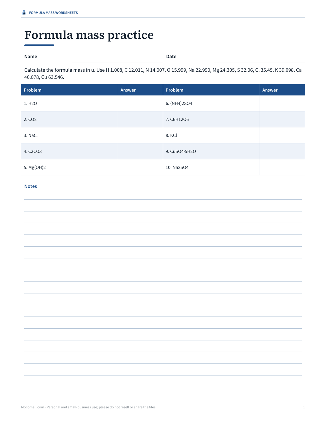 Preview of the first page of Formula mass practice